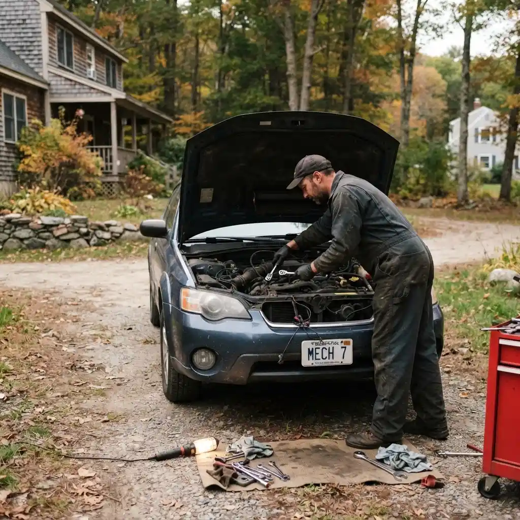 Mobile mechanic repairing a vehicle in a driveway