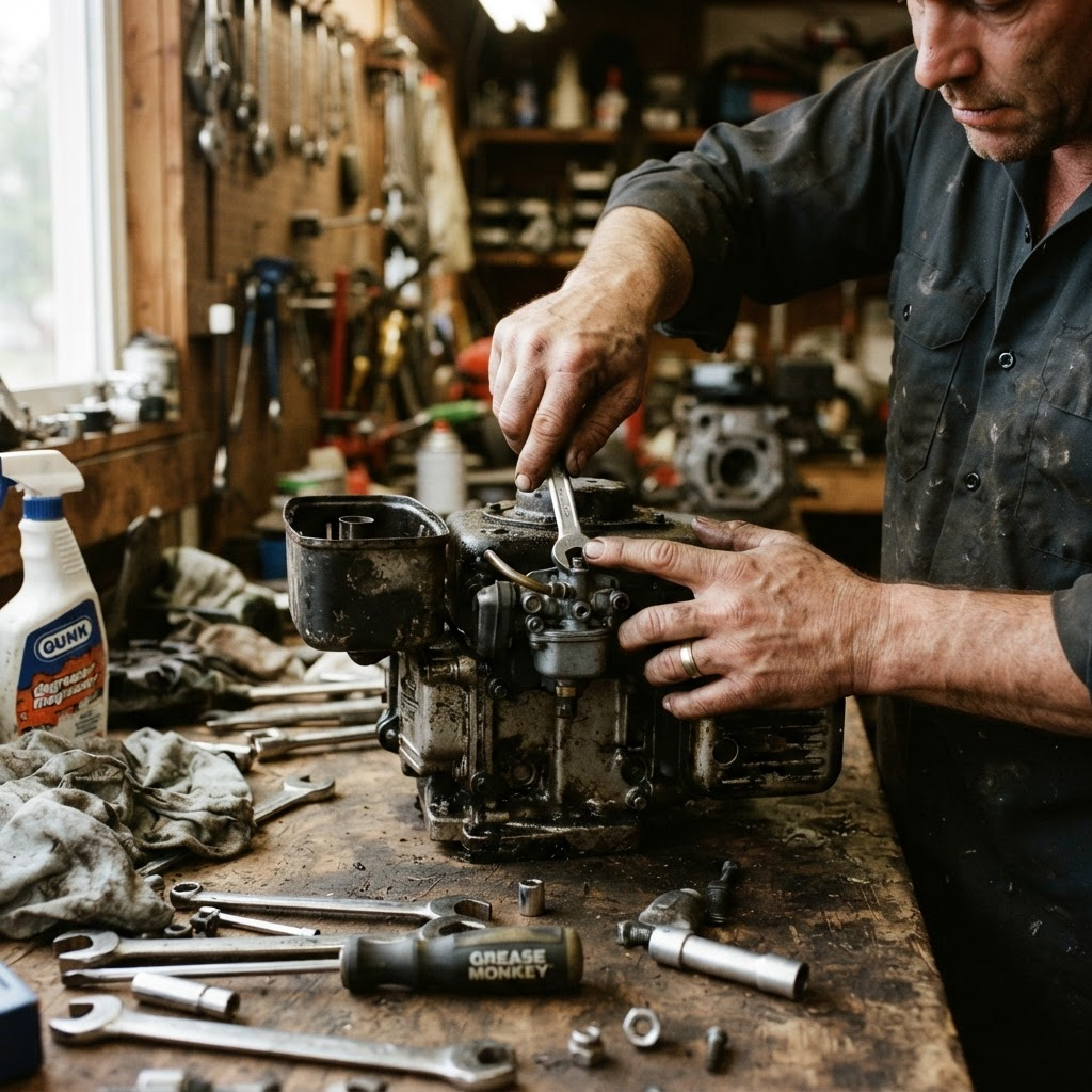 Mechanic repairing a small engine at a workbench